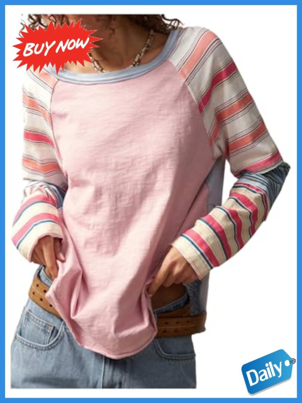 Women's Colorblock Striped Long Sleeve Raglan Tee Loose Fit